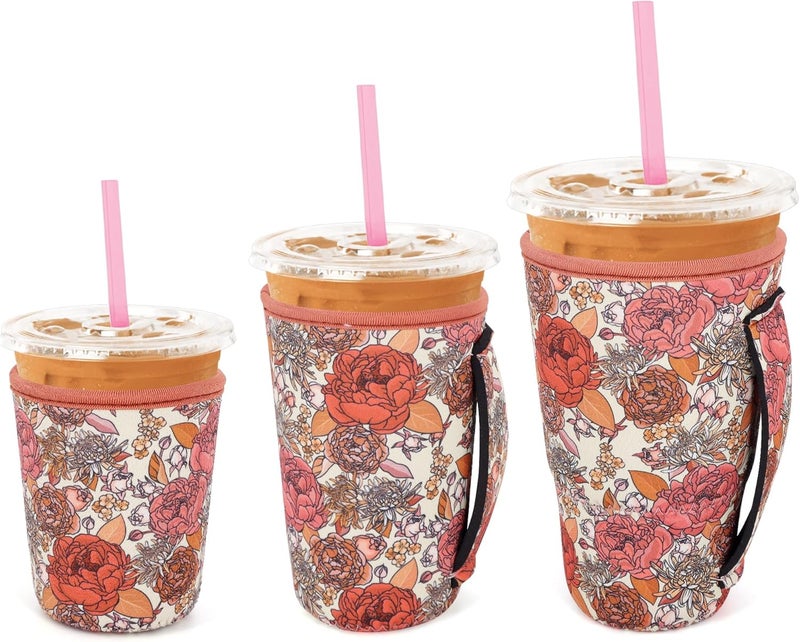 Snowso 3 Pack Iced Coffee sleeve Insulated Neoprene Cup Sleeves with handle For Cold Drinks Beverages, Reusable Cup Holder for 16oz-32oz Coffee Cups (Flower Power) - Image 1